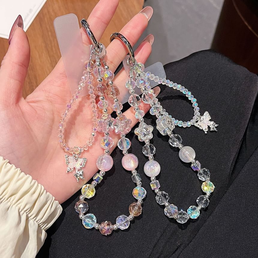 Wrist Crystal Strap Pad Lanyard with Faux Butterfly Beaded Phone