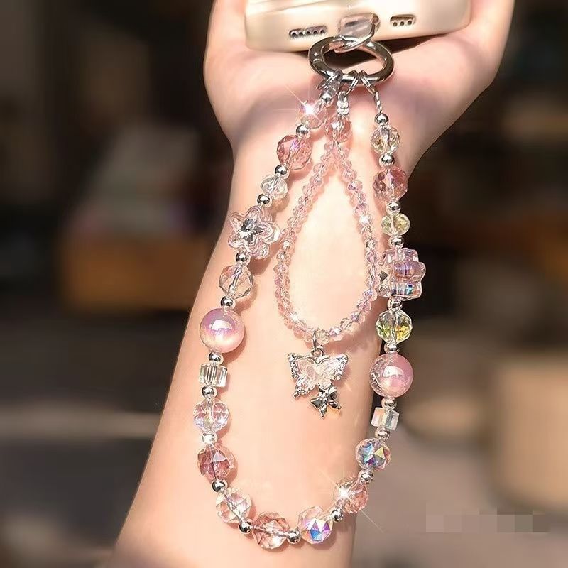 Wrist Crystal Strap Pad Lanyard with Faux Butterfly Beaded Phone