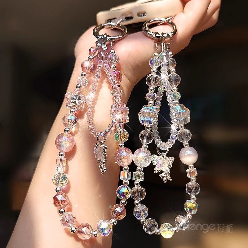 Wrist Crystal Strap Pad Lanyard with Faux Butterfly Beaded Phone