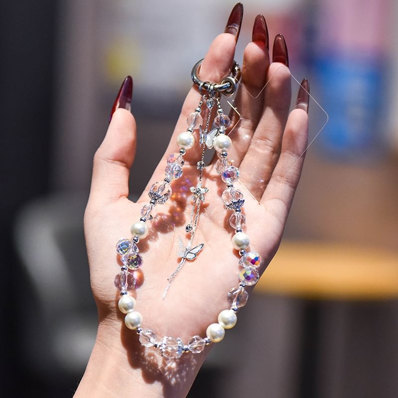 with Pearl Lanyard Strap Faux Wrist Pad Butterfly Phone