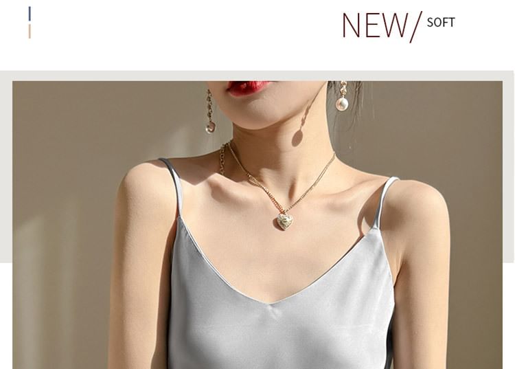 Midi Spaghetti Dress Plain Satin V-Neck Strap A-Line