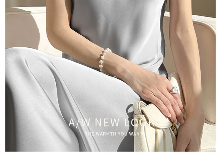 Midi Spaghetti Dress Plain Satin V-Neck Strap A-Line