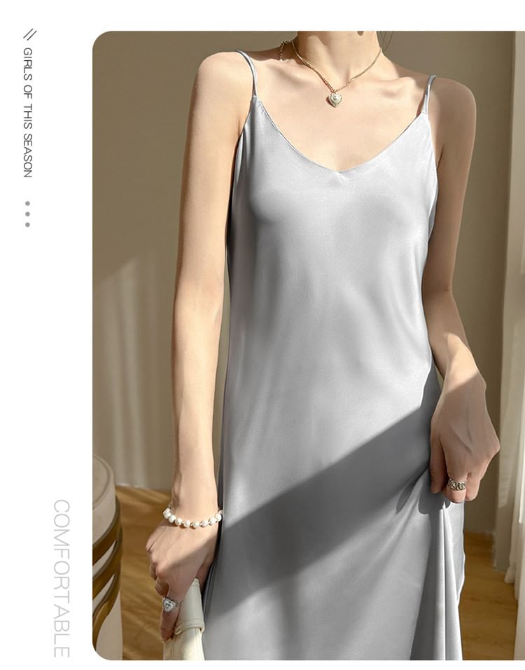 Midi Spaghetti Dress Plain Satin V-Neck Strap A-Line