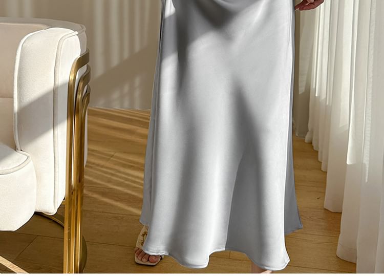 Plain A-Line Dress Strap Midi Spaghetti V-Neck Satin