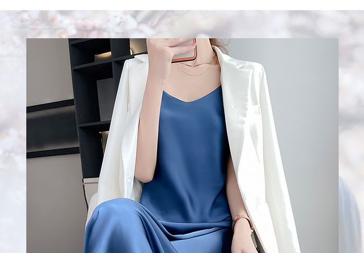 Plain A-Line Dress Strap Midi Spaghetti V-Neck Satin