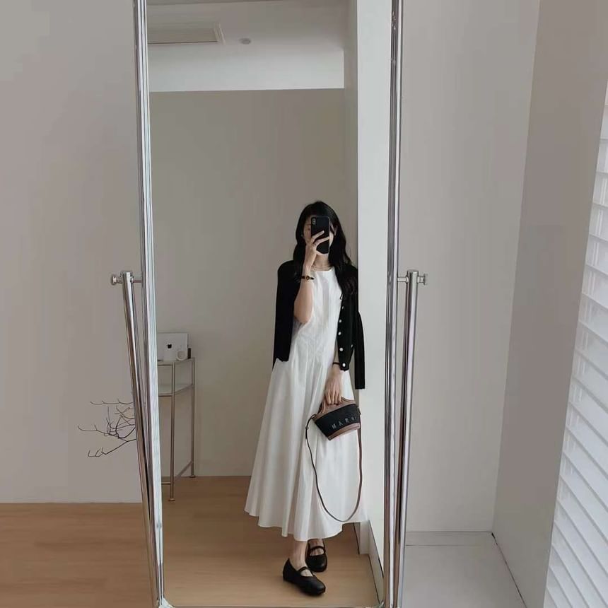 Midi Sleeveless Pleated A-Line Dress Plain Crew Neck