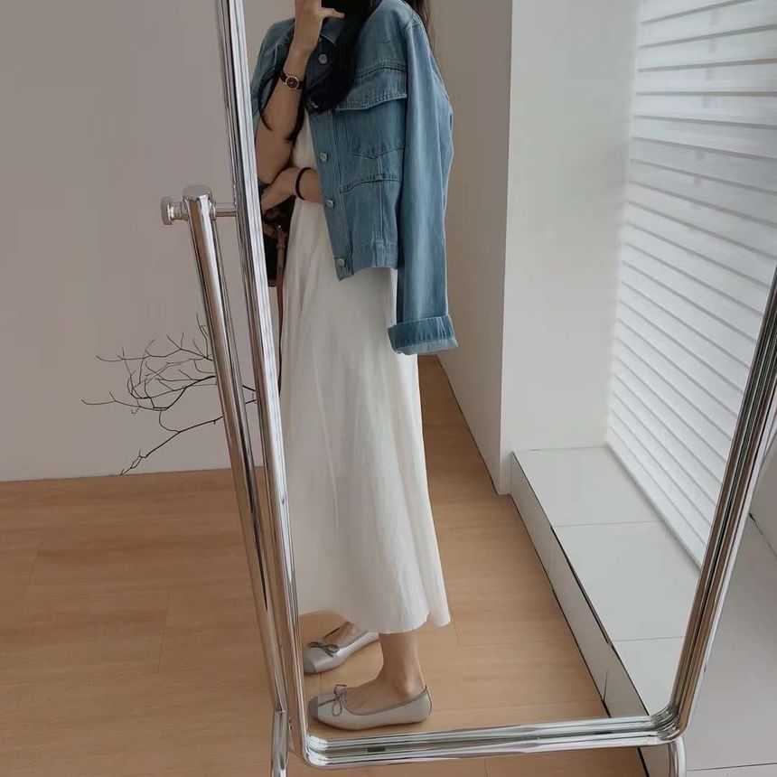 Pleated Neck A-Line Dress Sleeveless Midi Plain Crew