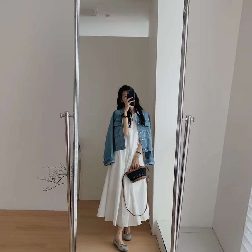 Midi Sleeveless Pleated A-Line Dress Plain Crew Neck