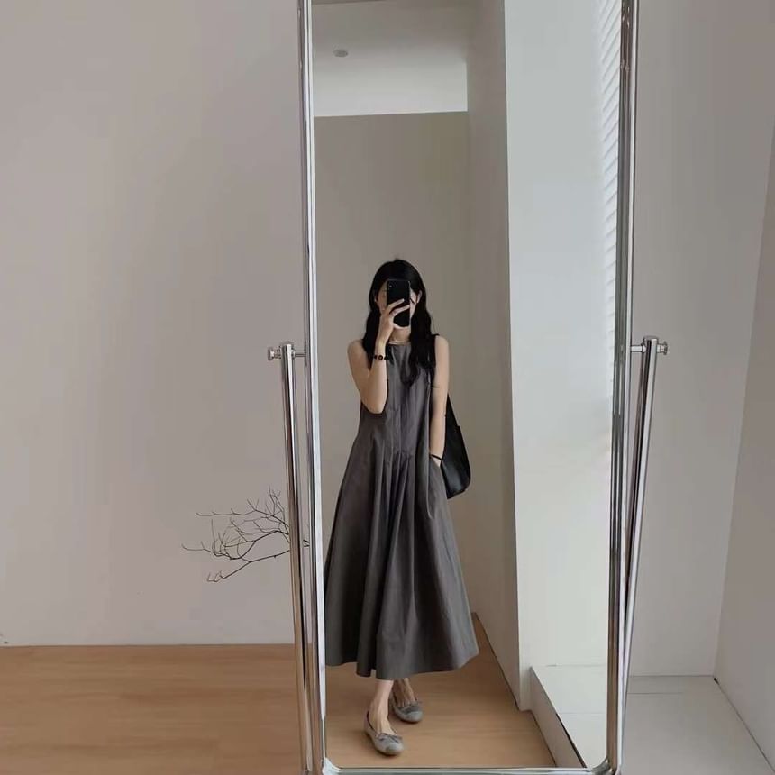 Pleated Neck A-Line Dress Sleeveless Midi Plain Crew