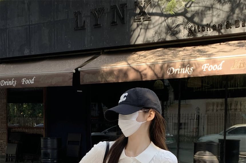 Shirt Polo Knit Cable Crop Plain Short-Sleeve