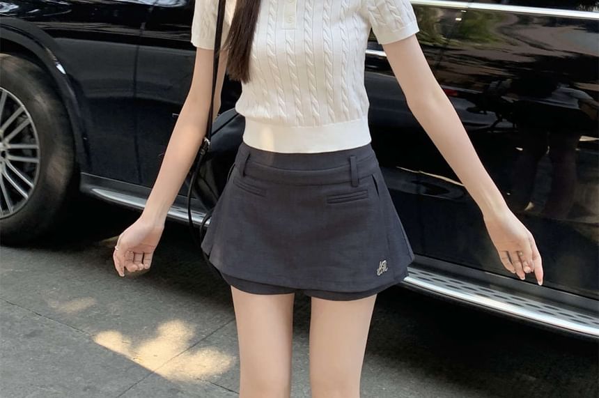 Shirt Polo Knit Cable Crop Plain Short-Sleeve