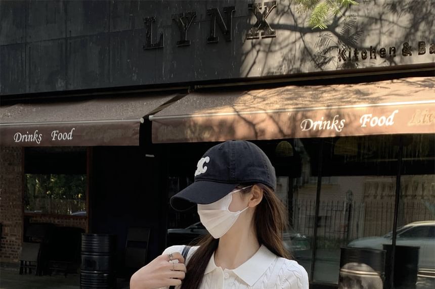 Shirt Polo Knit Cable Crop Plain Short-Sleeve