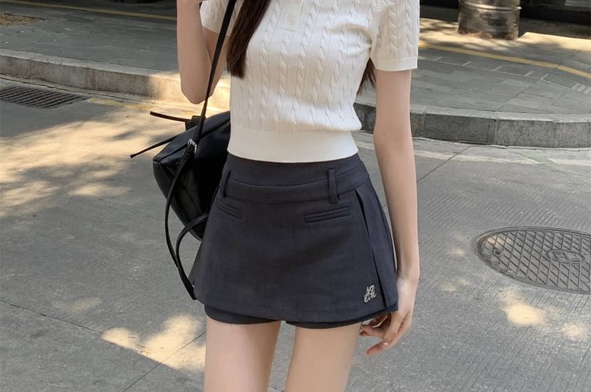 Shirt Polo Knit Cable Crop Plain Short-Sleeve