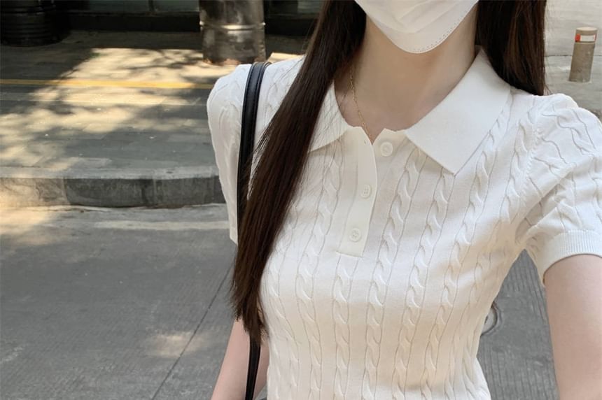 Cable Shirt Crop Polo Plain Knit Short-Sleeve