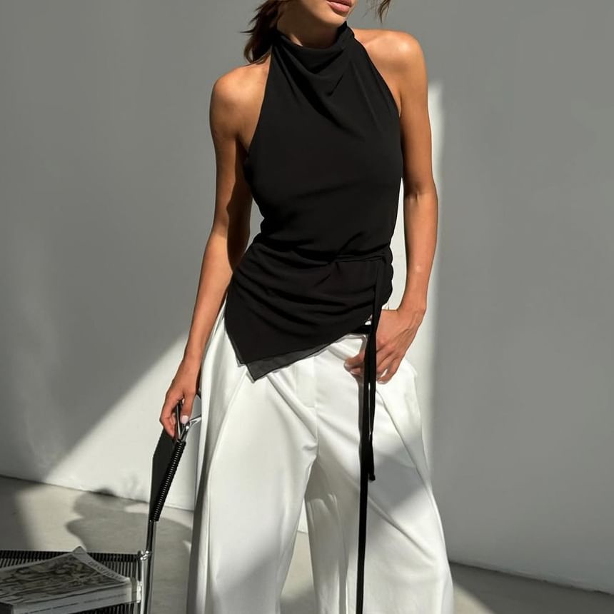 Mock Back Slim Neck Open Plain Asymmetrical Crop Fit Top Halter