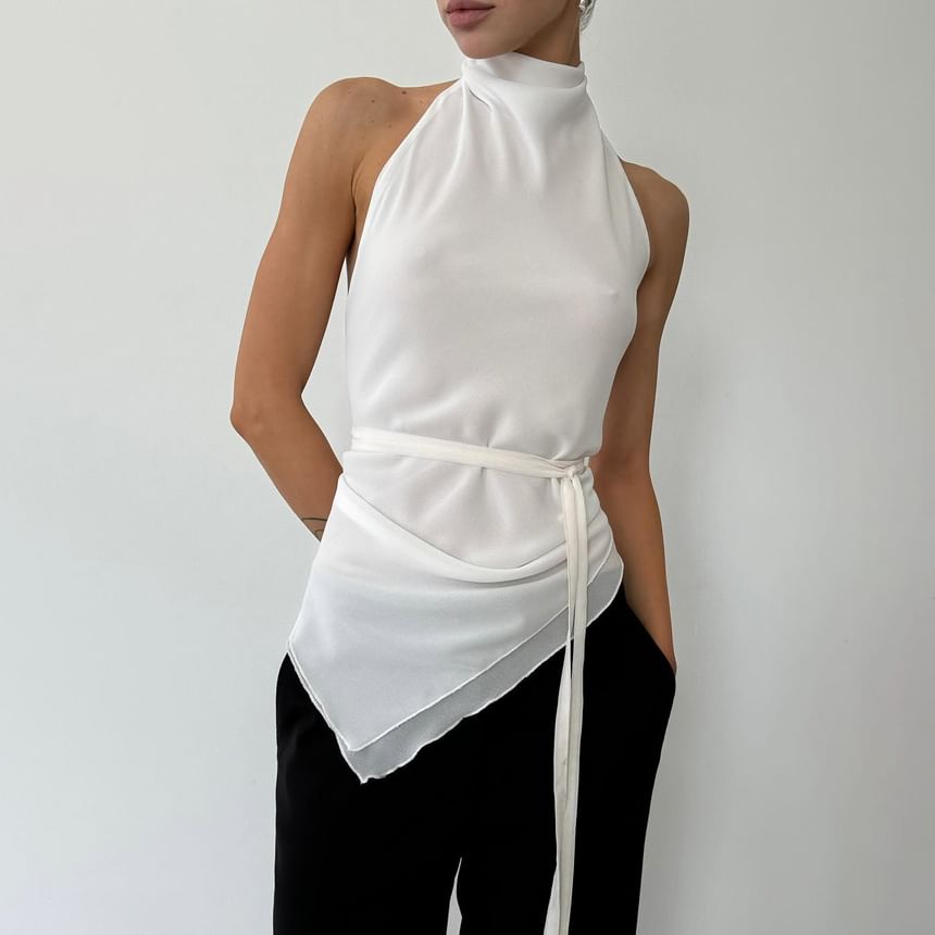 Mock Back Slim Neck Open Plain Asymmetrical Crop Fit Top Halter