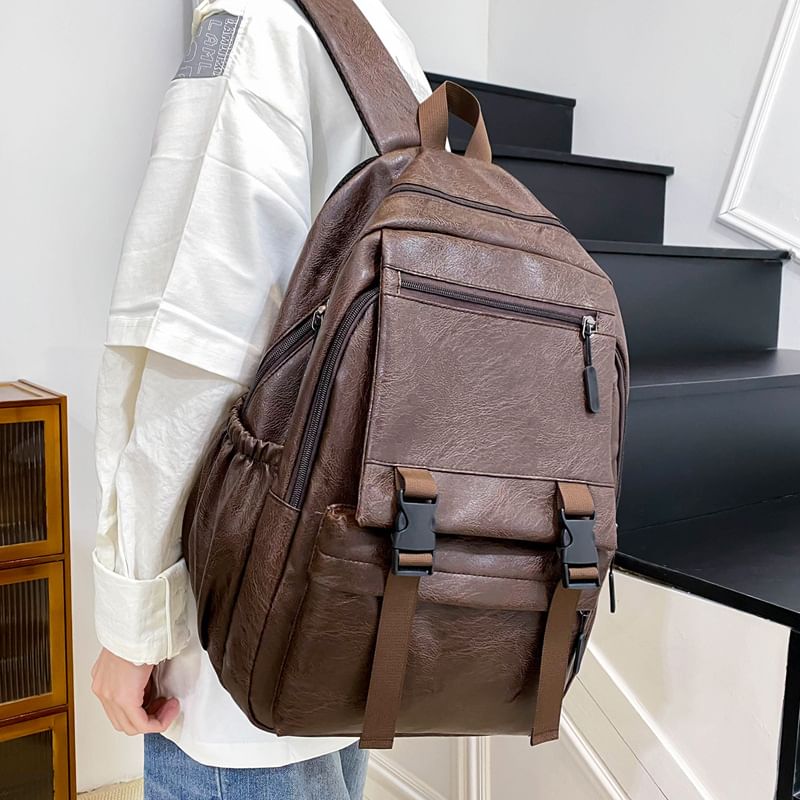 Zip Leather Backpack Plain Faux