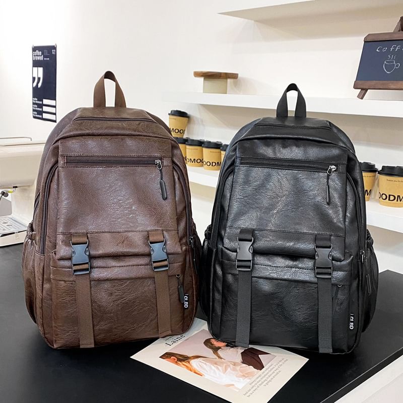 Zip Leather Backpack Plain Faux