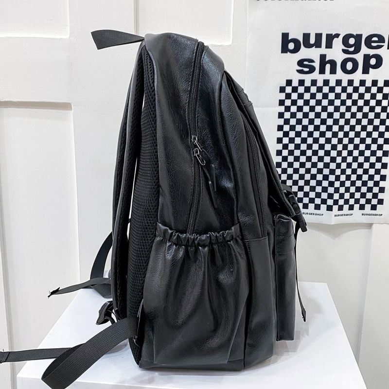 Zip Leather Backpack Plain Faux