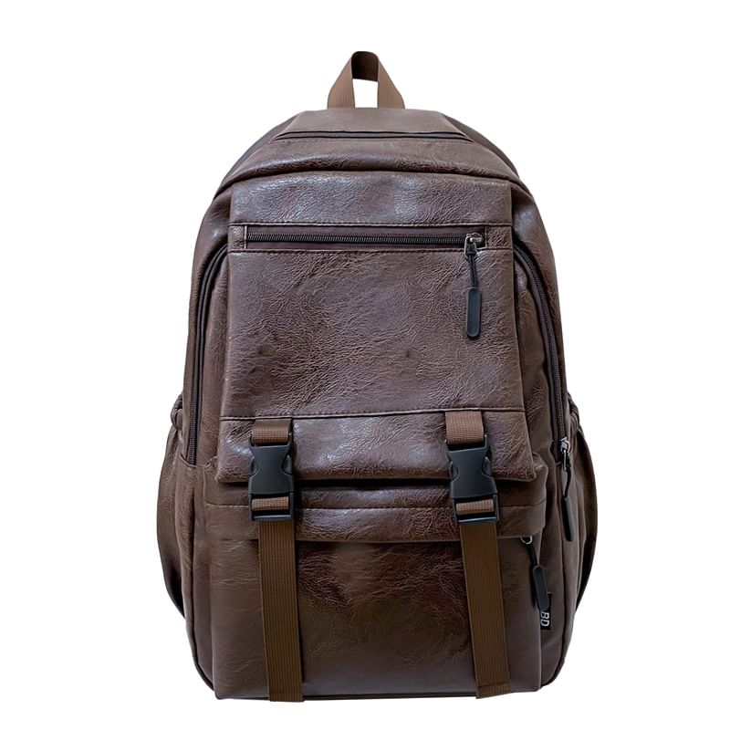 Zip Leather Backpack Plain Faux