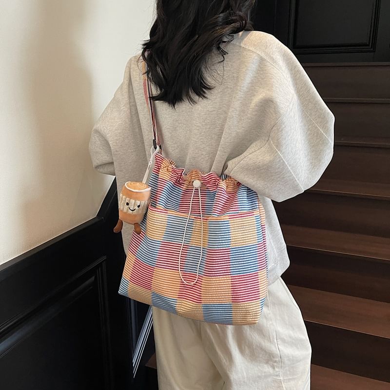Drawstring Crossbody Plaid Bag
