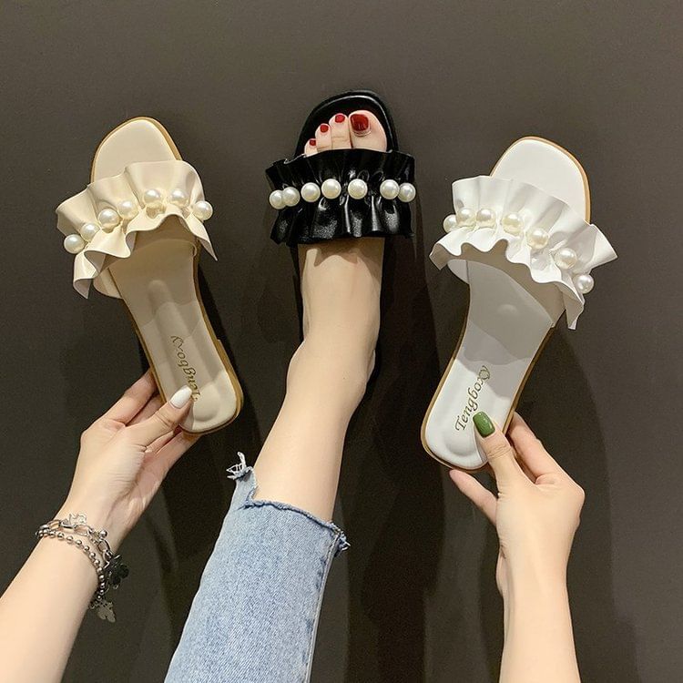 Slide Sandals Pearl Ruffle Faux