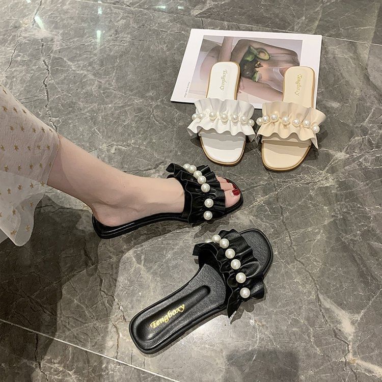 Slide Sandals Pearl Ruffle Faux