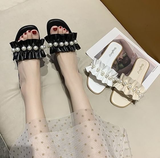 Slide Sandals Pearl Ruffle Faux