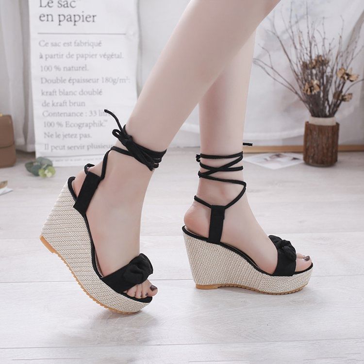 Tie-Up Bow Wedge Platform Sandals