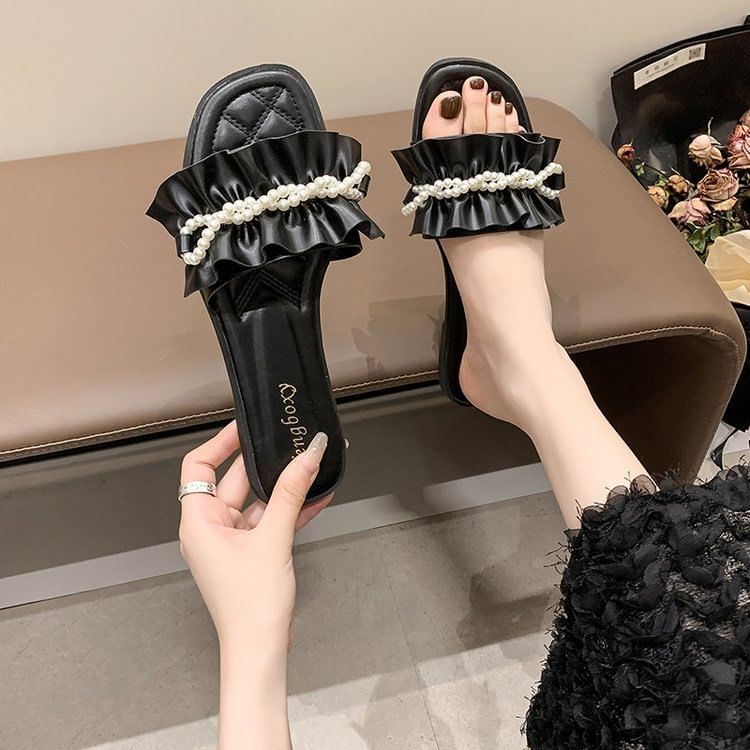 Slide Pearl Faux Sandals Ruffle