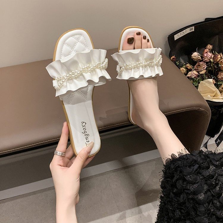 Slide Pearl Faux Sandals Ruffle