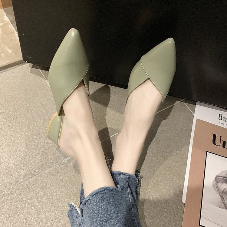 Toe Leather Pointed Faux Mules