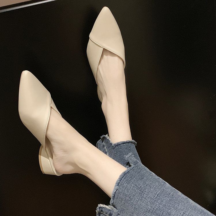 Toe Leather Pointed Faux Mules