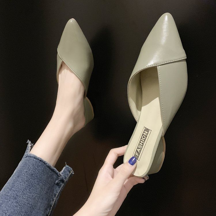 Toe Leather Pointed Faux Mules