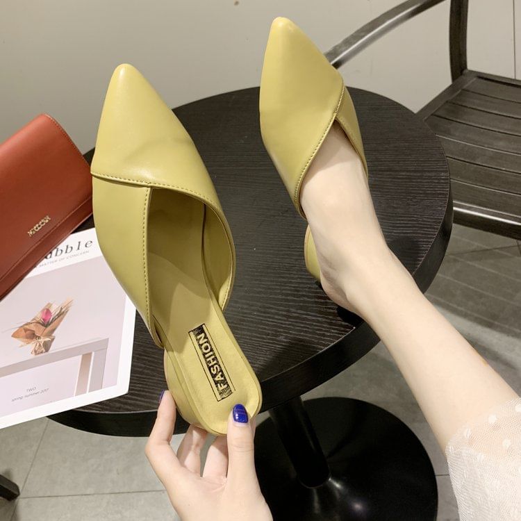 Toe Leather Pointed Faux Mules
