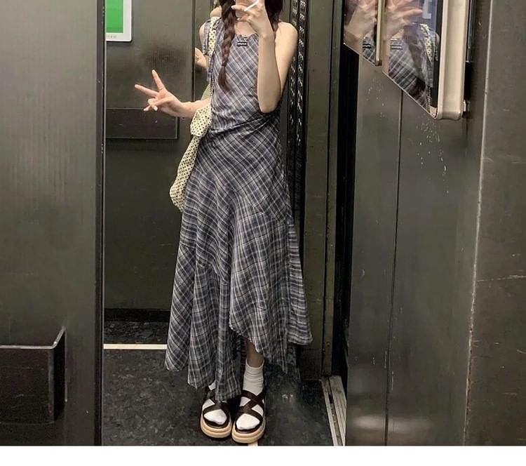 Plaid Neck Round Sleeveless A-Line Asymmetrical Dress Maxi