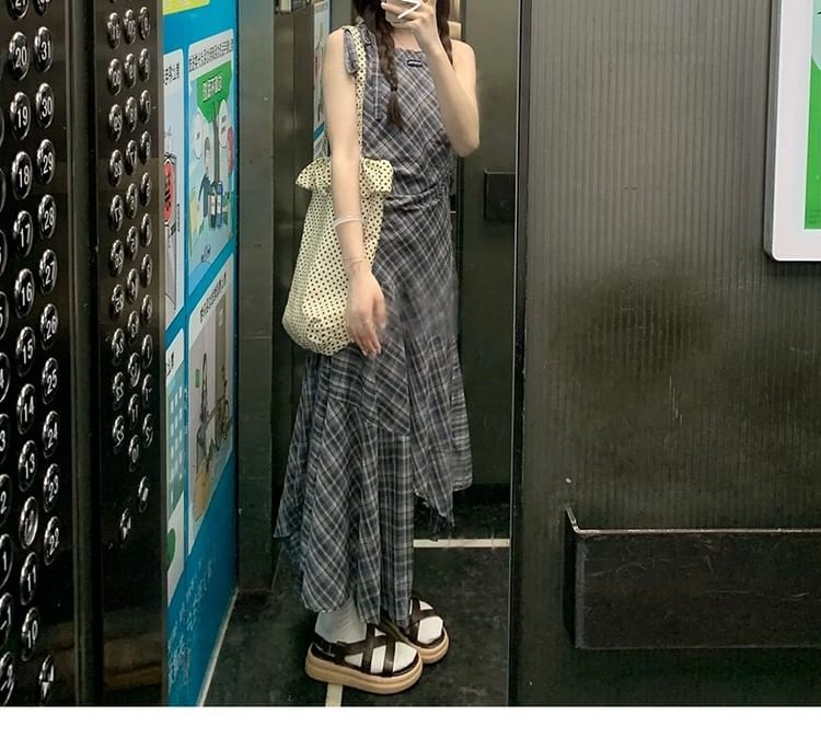 Plaid Neck Round Sleeveless A-Line Asymmetrical Dress Maxi