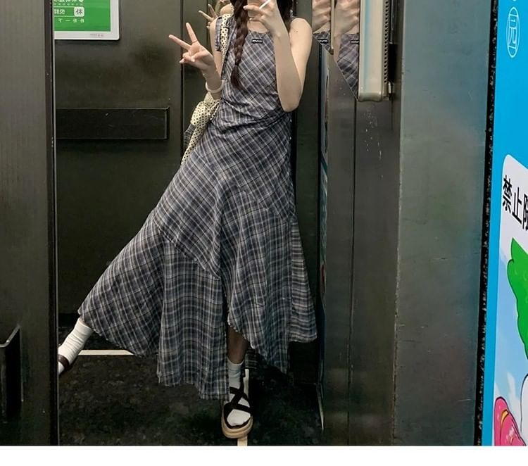 Plaid Neck Round Sleeveless A-Line Asymmetrical Dress Maxi