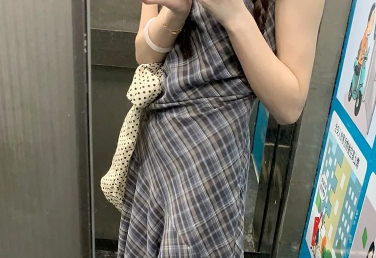 Plaid Neck Round Sleeveless A-Line Asymmetrical Dress Maxi