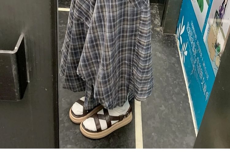 Plaid Neck Round Sleeveless A-Line Asymmetrical Dress Maxi