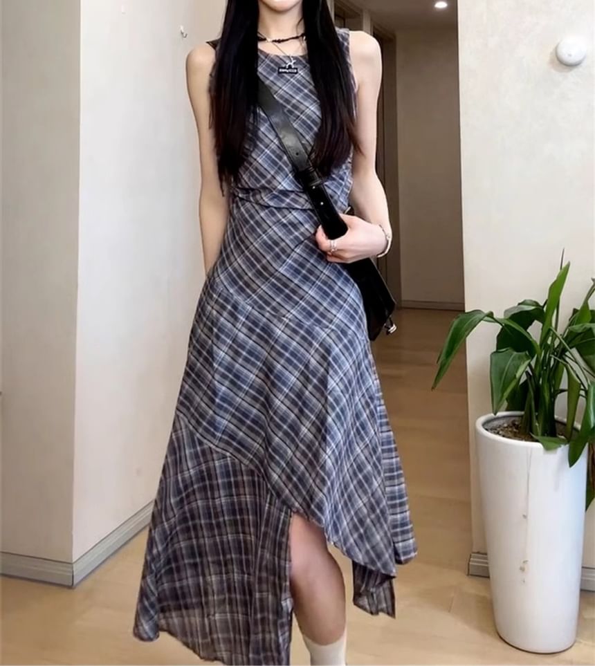 Plaid Neck Round Sleeveless A-Line Asymmetrical Dress Maxi