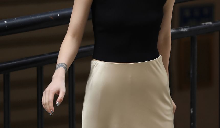 Slit Midi Skirt High Satin Rise Plain Pencil