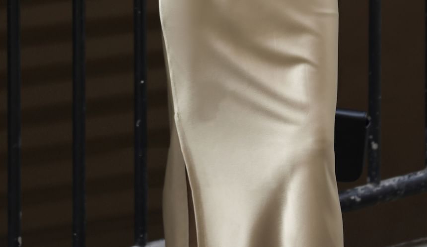 Slit Midi Skirt High Satin Rise Plain Pencil