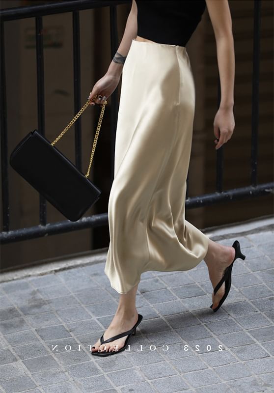 Slit Midi Skirt High Satin Rise Plain Pencil