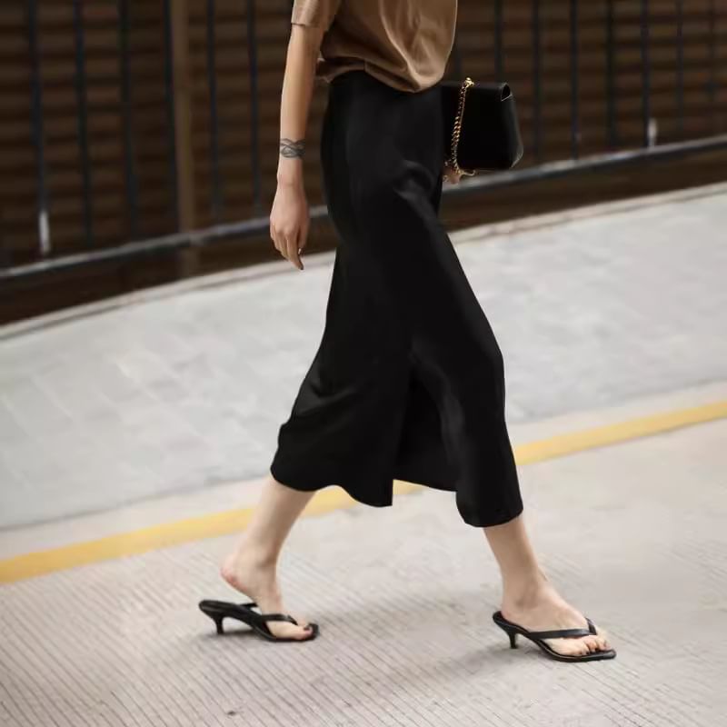 Slit Midi Skirt High Satin Rise Plain Pencil