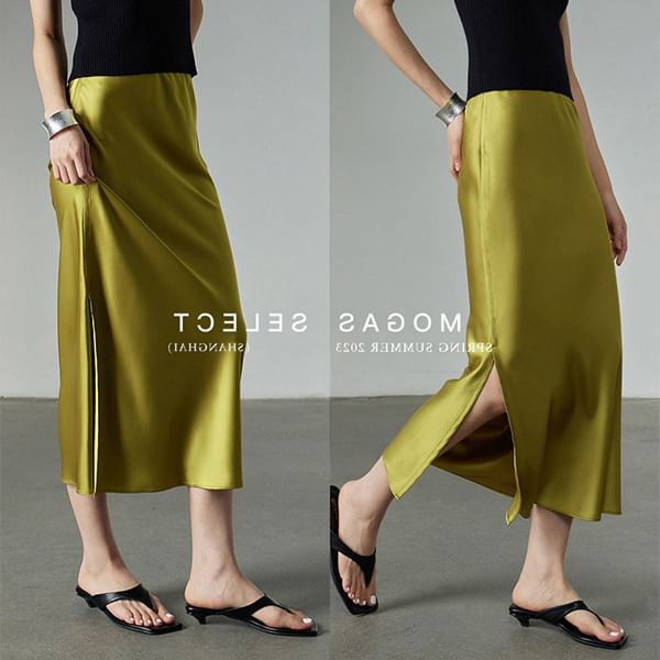 Slit Midi Skirt High Satin Rise Plain Pencil