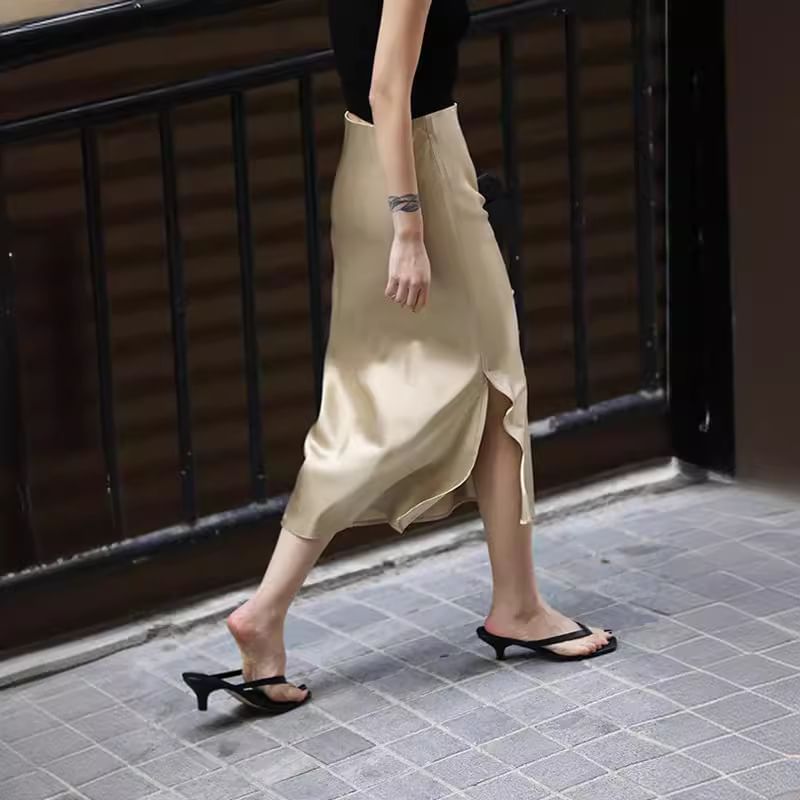 Slit Midi Skirt High Satin Rise Plain Pencil