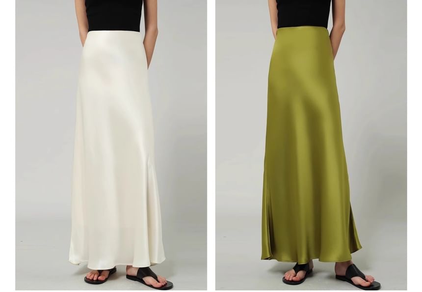 Plain Maxi High Skirt Satin Waist A-Line