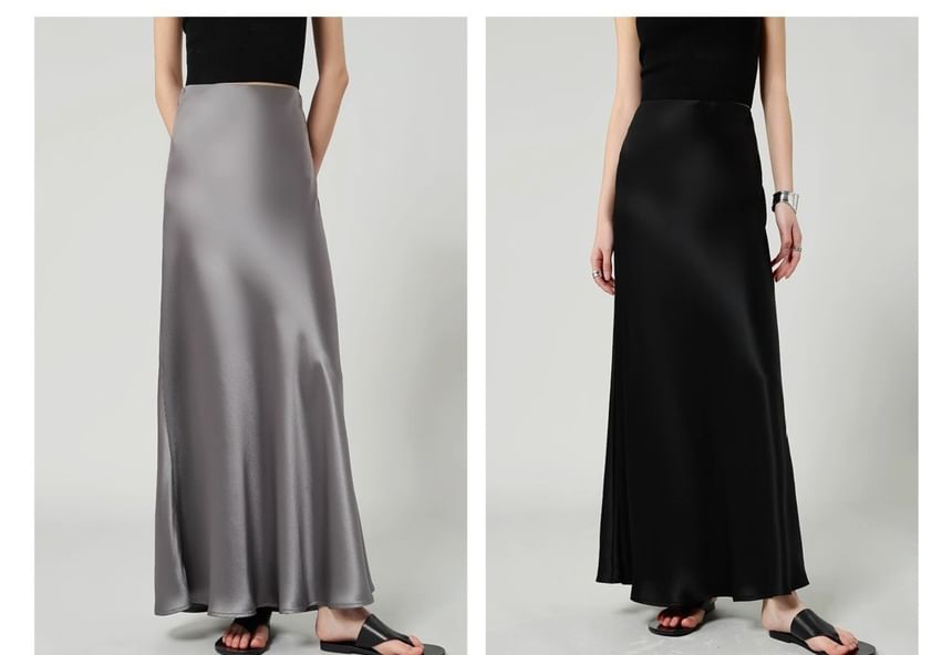 Plain Maxi High Skirt Satin Waist A-Line
