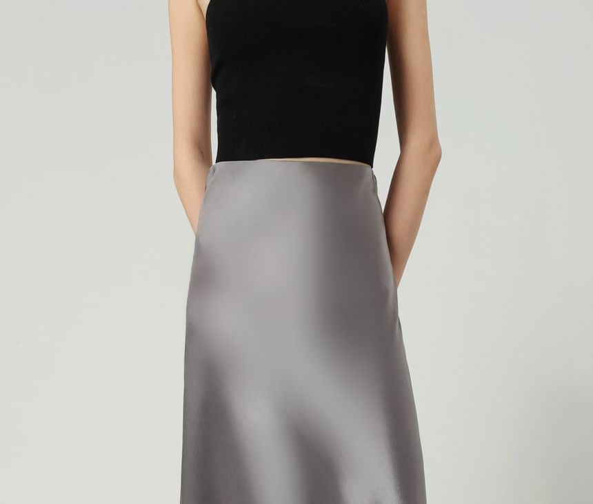 Satin High A-Line Plain Maxi Waist Skirt
